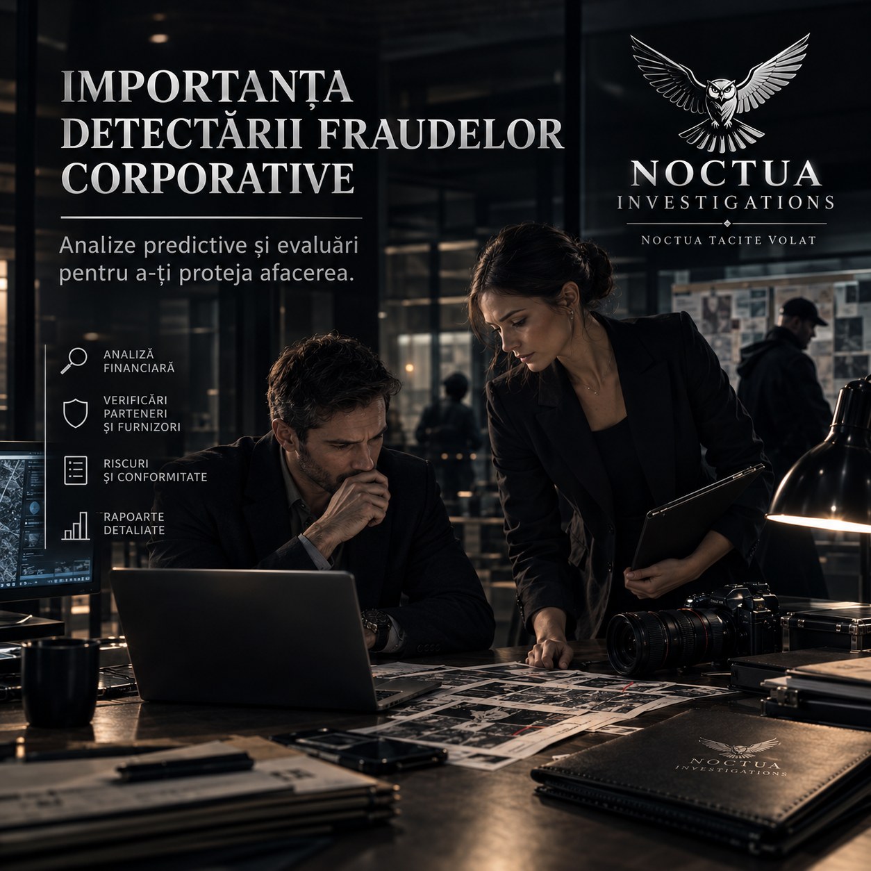 Investigație corporativă — echipa Noctua analizează documente pentru detectarea fraudei